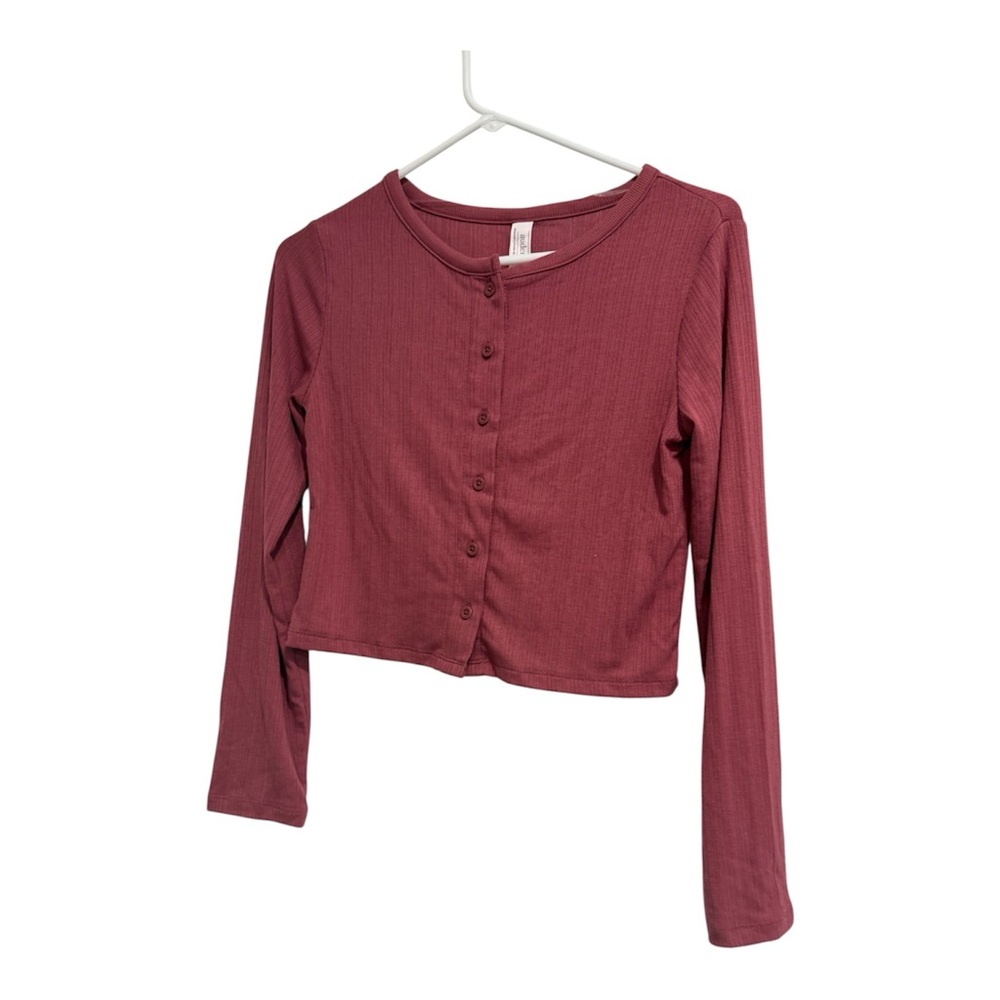 Auden Ribbed Long Sleeve Button-Down Pajama Top rose pink XS